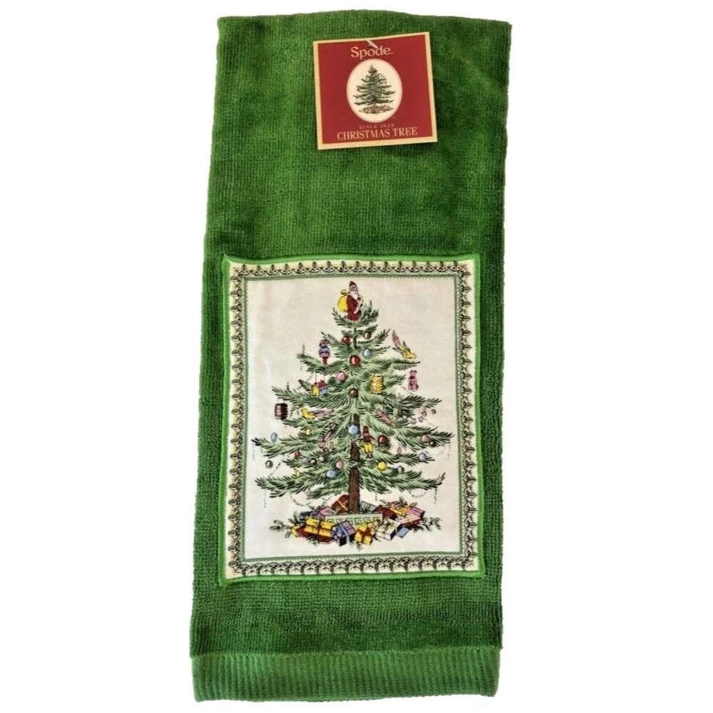 Spode Christmas Tree Kitchen Dish Towels Set of 2 Green Appliqued 100% Cotton